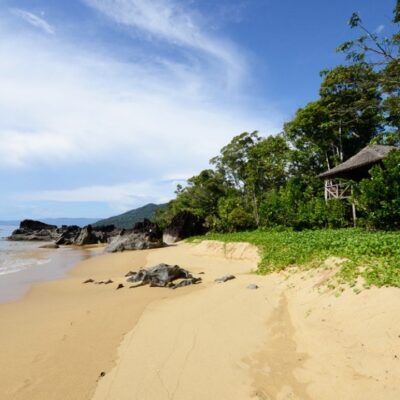An image of a palm thatched tree-house at the Masoala Forest Lodge overlooking the stunning beach.
