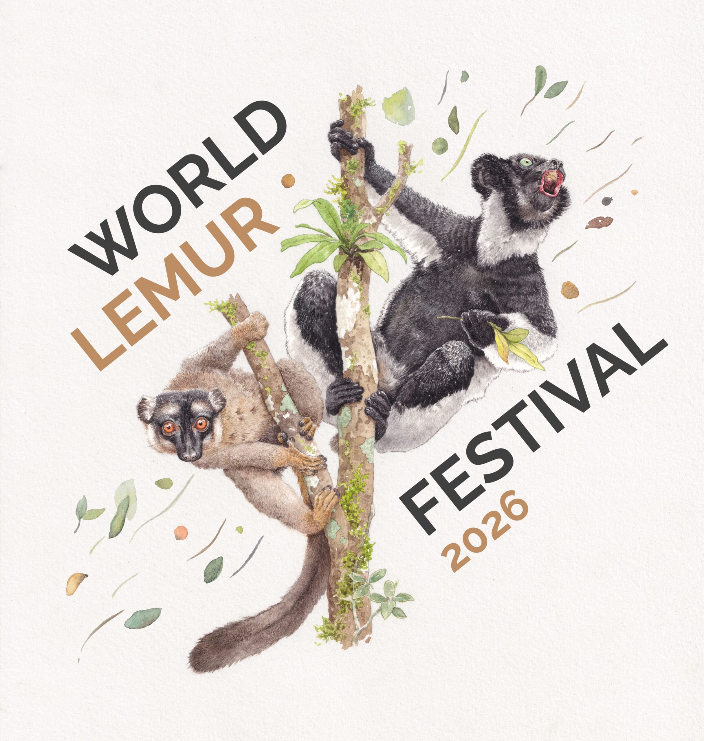 2026 World Lemur Festival Logo featuring an indri and common brown lemur